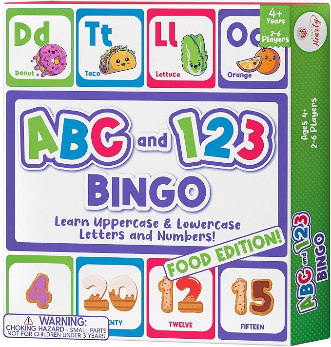 Party Hearty ABC & 123 Bingo Game for Kindergarten & Preschool - Foods | Food Edition, Alphabet and Number, Preschool Kids Learn to Read, Ages 4 and Up