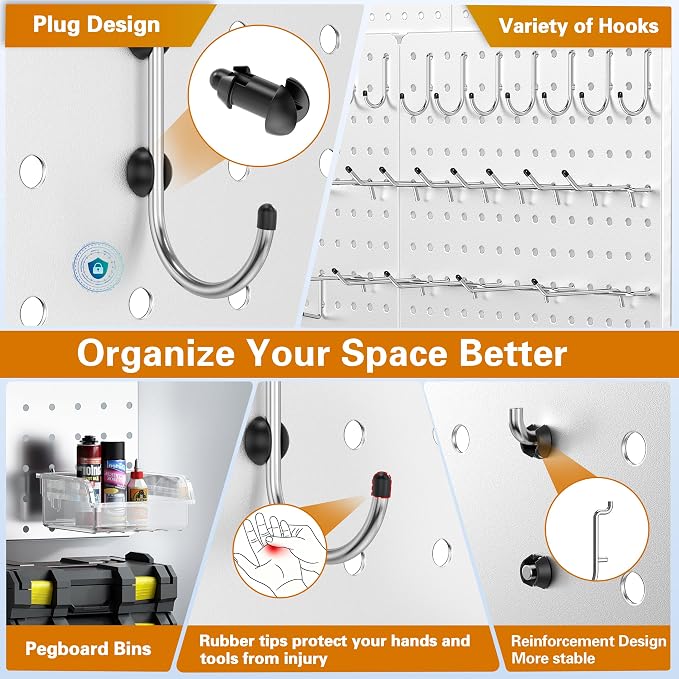 Peg Board, 112pcs Metal PegBoard Organizer with Accessories, 6 Pack 16'' x 12'' White Pegboard Panels with Hooks, Wall Organizer for Craft Room,Sewing Room,Office,Garage,Kitchen