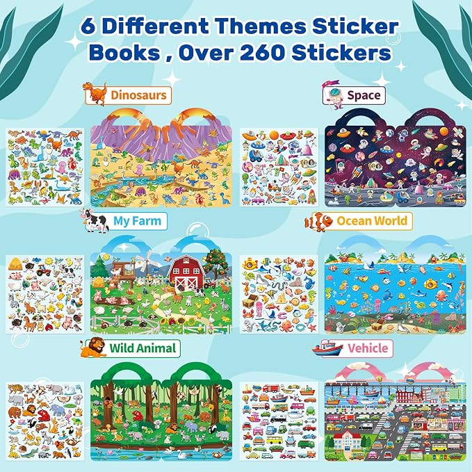 Elfew 6Pack Reusable Sticker Books for Toddlers 2-4 3-5 | 3D Puffy Stickers, 6 Themes, Waterproof, Mess-Free Sticker Activity Book, Travel Toys Birthday Gifts for Boys Girls