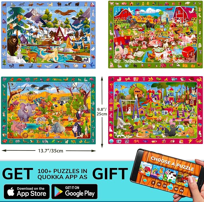 60 Piece Puzzles for Kids Ages 4-6 - 4-Pack Toddler Jigsaw Puzzles Ages 3-5 | Search and Find Animals Jigsaw Puzzle Ages 6-8 - Learning Toys - Educational Games Gift for Boys and Girls
