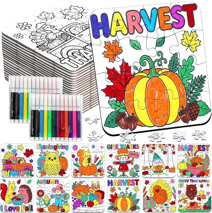 Fall Thanksgiving Arts & Crafts for Kids Autumn Activities DIY Puzzle Kit | 24Ps Thanksgiving Jigsaw Maple leaf Turkey for Fall Harvest Party Favors Classroom Gift Blank Coloring Game Toy Supplies Bulk