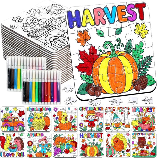Fall Thanksgiving Arts & Crafts for Kids Autumn Activities DIY Puzzle Kit | 24Ps Thanksgiving Jigsaw Maple leaf Turkey for Fall Harvest Party Favors Classroom Gift Blank Coloring Game Toy Supplies Bulk