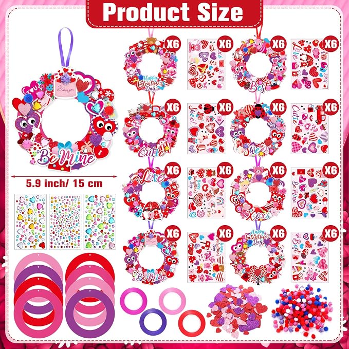 Hollowfly 48 Sets Valentine DIY Heart Wreath Craft Kits for Kids Activities | 8 Cute Valentine Heart Themed Designs, Good for Valentine Wall Decor, Kids Valentines Art Projects & Classroom Party Favors