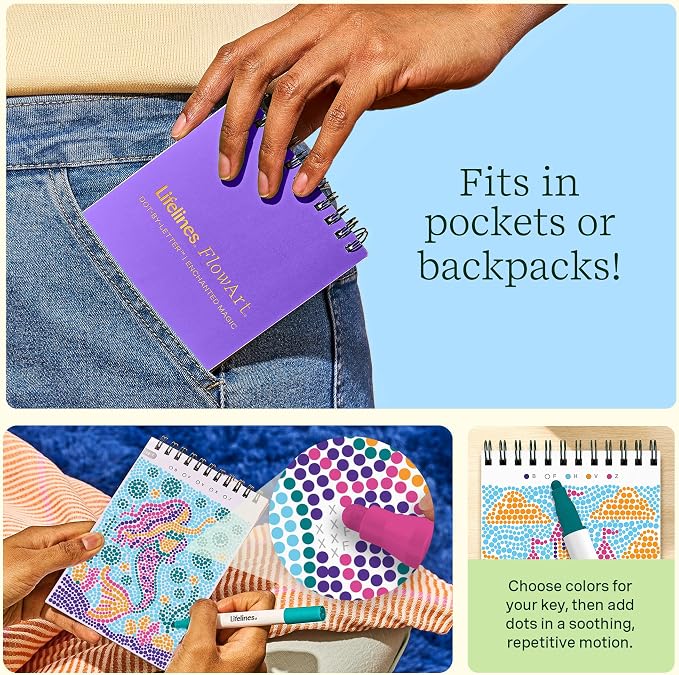 Lifelines FlowArt Mini Activity Pad, 3-Pack - Dot-by-Letter Coloring Books | 15 Double-Sided Markers & 60 Scenes - Guided Art Meditations for Tweens, Adults & Seniors - Dot-by-Letter - Patent-Pending