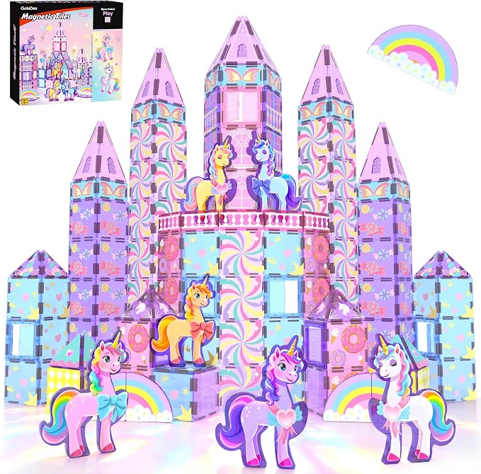 GobiDex 100PCS Unicorn Magnetic Tiles with 6 Unicorns | Princess Castle Unicorn Toys for Girls Age 4-6, STEM Magnetic Blocks Building Toys for 3 4 5 6 Year Old Girl Birthday Gifts
