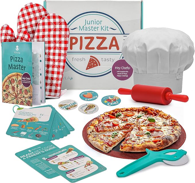 Kids Pizza Making Kit | Real Reusable Chef Tools | Ages 5-12 | Silicone Baking Mat Rolling Pin Pizza Cutter | Oven Mitts Chef Hat | 7 Visual Recipe Cards | Family Fun Birthday Gift