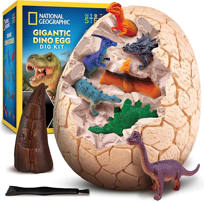 National Geographic Jumbo Dinosaur Egg Dig Kit with 12 Dino Figures | Giant 6-Inch Egg, 12 Dinosaur Figures, Replica T. Rex Tooth, Excavation Tools, Dino Dig Activity, Birthday Gift