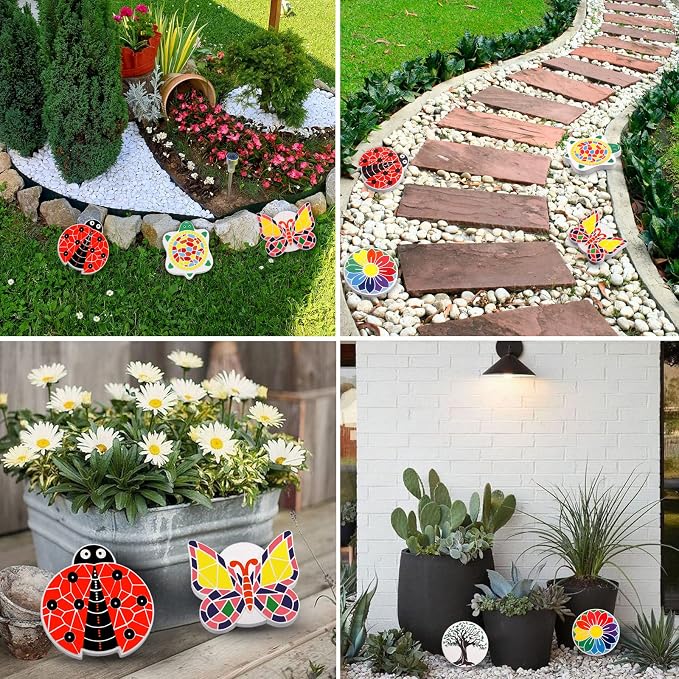 Weilim Paint Your Own Stepping Stones, 5-Pack DIY Garden Craft Kit for Kids | 5 Ready-to-Paint Ceramic Garden Stones + Paints & Brushes; Shapes Butterfly, Turtle, Flower, Tree, Ladybug; No Baking Needed