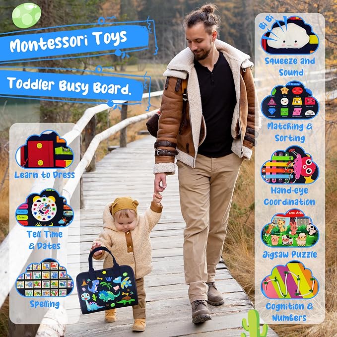 TenFans Busy Board for Toddlers 3+ Years Old, Montessori Sensory Toy | 8-Layer Felt, Educational Learning Fine Motor Skills Activity Board, Travel Toys for Car Airplane, Gifts for Boys Girls