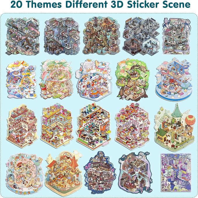 Scene Sticker – 20 Sets of DIY 3D House Scenes Cute Cartoon Stickers Kit for Kids & Adults – Fun Sticker Therapy Activity for Stress Relief, Crafts & Gifts (Black - 20 Set)