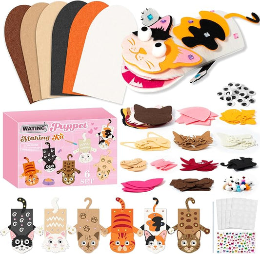 WATINC Hand Puppet Making Kit, Felt Sock Puppet Toys for Kids (Cat B) | 6 Styles, Make Your Own Storytelling & Role Play Crafts, Creative Group Activity, Party Favors & Gifts for Kids Ages 4-8