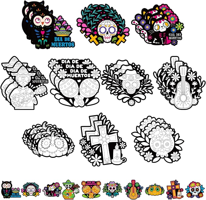 Day of the Dead Coloring Arts Crafts Kit - 30Pcs Mexico Theme Color Your Own Magnets for Kids Mexican Fiesta Blank DIY Coloring Magnets for Party Fridge Refrigerator School Classroom Activities Decor