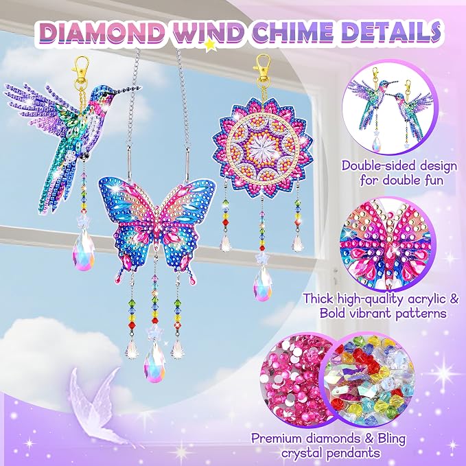 Diamond Art Kits for Kids Ages 8-12, 3 PCS DIY Gem Art Suncatchers for Kids | Diamond Art Kit with 3 Paintings and 2 Tool Sets, Craft Kits Birthday Gift for Girls Ages 8-12, Home/Garden/Backpack Décor