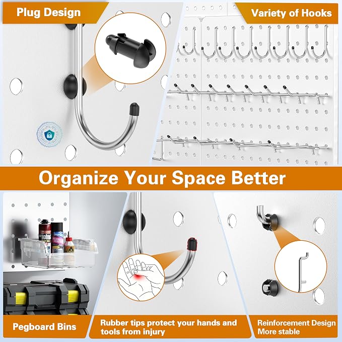 Peg Board, 114PCS Heavy Duty Metal Pegboard with Hooks, 8 Pack White Peg Board Panels, 60lbs Load Capacity Each, Pegboard Wall Organizer for Garage, Workshop, Kitchen, Craft Rooms
