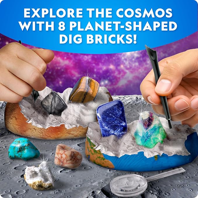 National Geographic Space Gemstone Dig Kit with 16 Real Specimens | 8 Planet-Shaped Dig Bricks, 16 Rocks and Gemstones, Excavation Activity, Space Science, Gem Mining, Birthday Gift