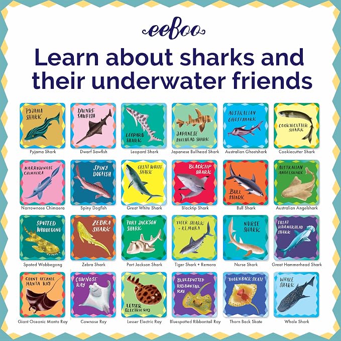 eeBoo Shiny Sharks & Friends Memory & Matching Game, Ages 3+, 1-4 Players | Introduces sharks & marine life. Sharpens recognition, concentration & memory skills. Includes 48 foil tiles, 24 pairs
