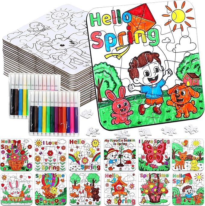 24Pcs Spring Crafts for Kids & Adults Bulk, Spring toddler Art and Craft DIY Puzzle Kits with Flower Butterfly Bee Bunny, Easter Jigsaw for School Classroom Activity April Party Favors & Gift Supplies