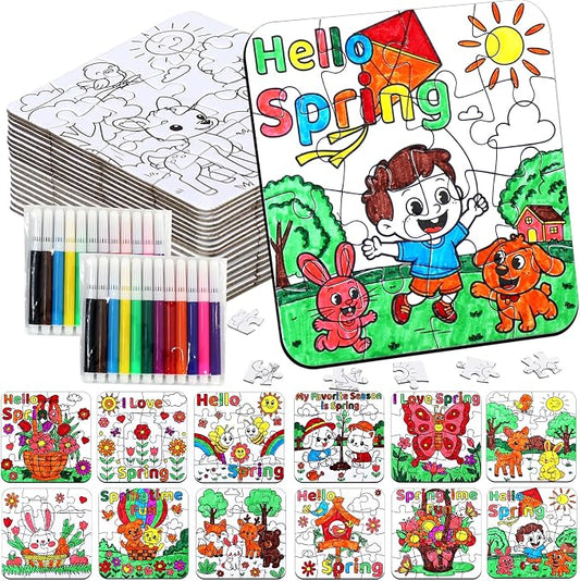 24Pcs Spring Crafts for Kids & Adults Bulk, Spring toddler Art and Craft DIY Puzzle Kits with Flower Butterfly Bee Bunny, Easter Jigsaw for School Classroom Activity April Party Favors & Gift Supplies