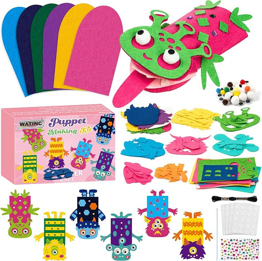 WATINC Hand Puppet Making Kit, Felt Sock Puppet Toys for Kids (Monster B) | 6 Styles, Make Your Own Storytelling & Role Play Crafts, Creative Group Activity, Party Favors & Gifts for Kids Ages 4-8