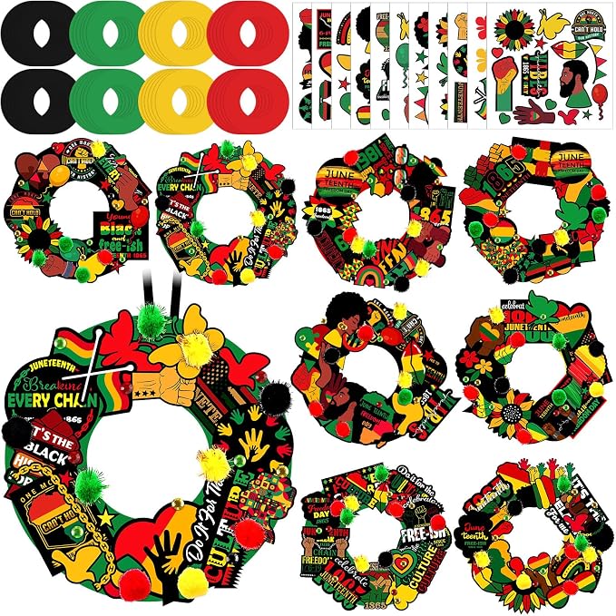 Hollowfly 48 Sets Juneteenth Wreath Craft Kits | 8 African American-Themed Designs, Cardboard Wreaths with Stickers and Pom Poms, 5.91 in Hanging Crafts for Juneteenth Events