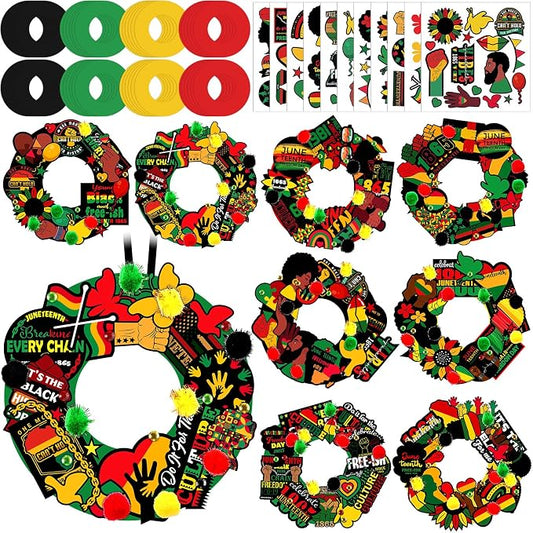 Hollowfly 48 Sets Juneteenth Wreath Craft Kits | 8 African American-Themed Designs, Cardboard Wreaths with Stickers and Pom Poms, 5.91 in Hanging Crafts for Juneteenth Events