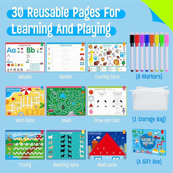 Alphabet & Numbers Handwriting Workbook, 30 Dry-Erase Activity Pages Letter and Number Tracing Practice for Preschool, Fun Mini Games Autism Busy Book for Kids, Toddlers, Educational Toy for Ages 3+