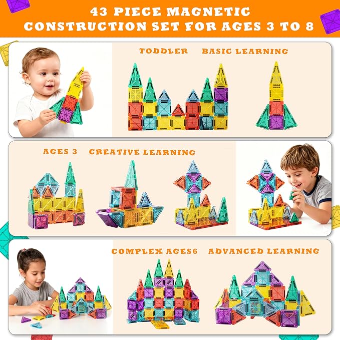Mini Magnetic Tiles for Kids 43PCS Magnet Tiles Building Travel Toys for Toddlers Magnetiles with Case & Cars STEM Magnets Construction Tile Toy Set Ages 3-6 Boys Girls