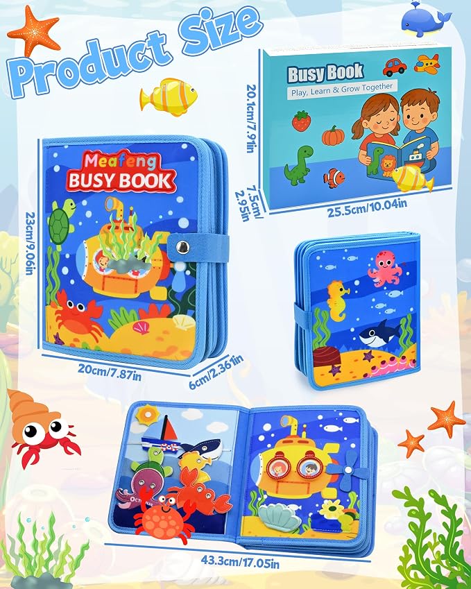 Ocean Busy Board for Toddlers 1-3 - Montessori Learning Toy with Sea Animals & Life Skills, Travel Book for 1 2 3 Year Old Boys Girls, Educational Toddler Toy for Car & Airplane Travel