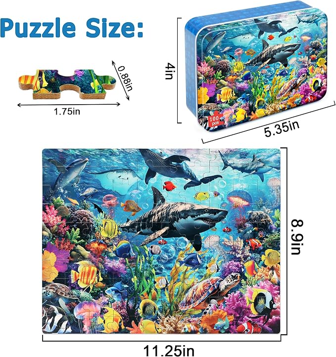 LELEMON Puzzles for Kids Ages 4-6,100 Piece Puzzles for Kids in Metal Box | Educational Underwater World Jigsaw Puzzles Kids Puzzles,100 Piece Puzzle Games Puzzle Toys for Girls and Boys