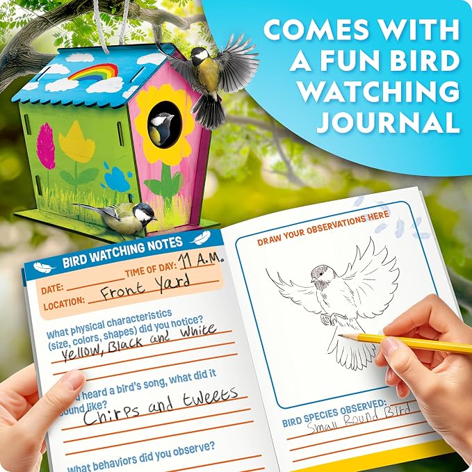 National Geographic Build Your Own Wooden Birdhouse Craft Kit for Kids | DIY Wooden Birdhouse, Paints and Brush, Bird-Watching Journal, Educational Poster, Outdoor Nature Craft, Birthday Gift