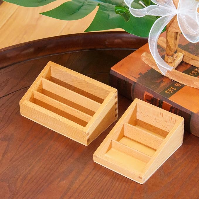 Premium Montessori Large Three Part Box 2pcs– Solid Beechwood Storage Box for Language 3-Part Cards, Sorting & Classification Tray, Practical Life Materials for Card Organization, Homeschool Classroom