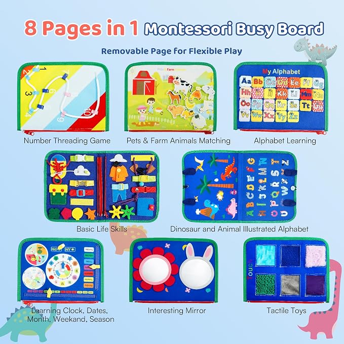 Tilhumt 8 in 1 Busy Book for Toddler 1-3, Montessori Boy Board | With Storage Bag for Travel Quiet Learning Sensory Toys, Felt Busy Book for Baby Educational Gift Activities Fine Motor Skill