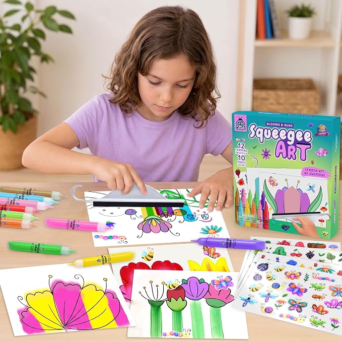 Squeegee Colour Squeeze Art Kit for Kids 4-8 - Blooms & Bugs Themed | Screen-Free Activity, Kids Painting Set with Bug Stickers, Great Birthday Gift for Creative Expression & Color Exploration