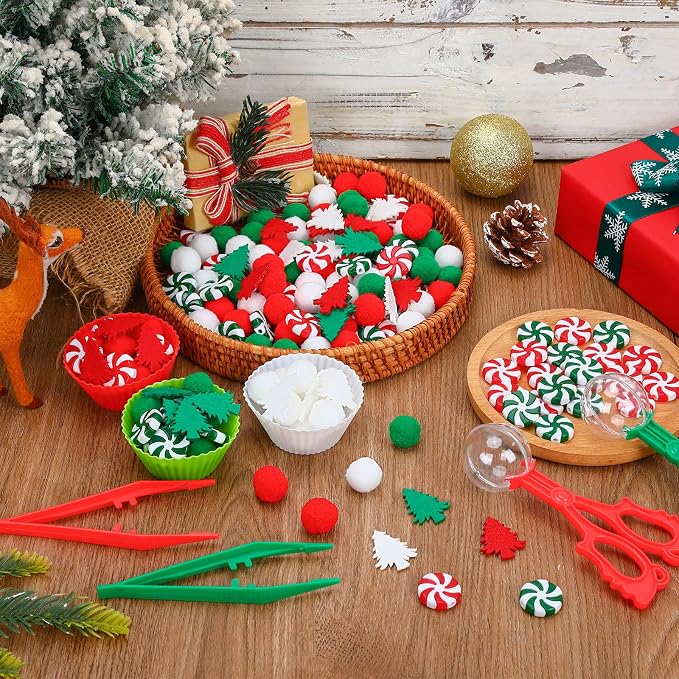 Christmas Sensory Bin,241 Pcs Christmas Sensory Bin Fillers Items | Includes Felt Xmas Tree,Plastic Candy,Pom Poms,Sorting Cups Tweezers for Xmas Activities