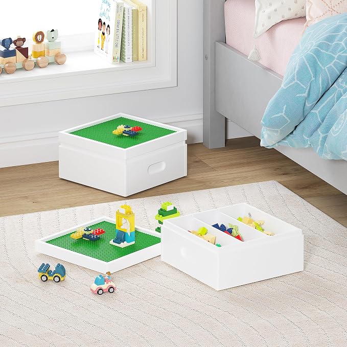 UTEX Buildable Cubby Storage with Baseplate Lid Compatible with Lego | Wooden Building Blocks Organizer, 3 Removable Sorting Compartments, Compact & Portable, Bricks Storage Box, White