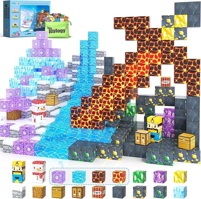 100PCS Large Magnetic Blocks-Build Mine Magnet World Ice Mine Sword Toddlers Toys for Kids Magnet Transparent Building Blocks Sensory Learning Toys for Boys and Girls Ages 3 4 5 6 7 8-12 Birthday Gift