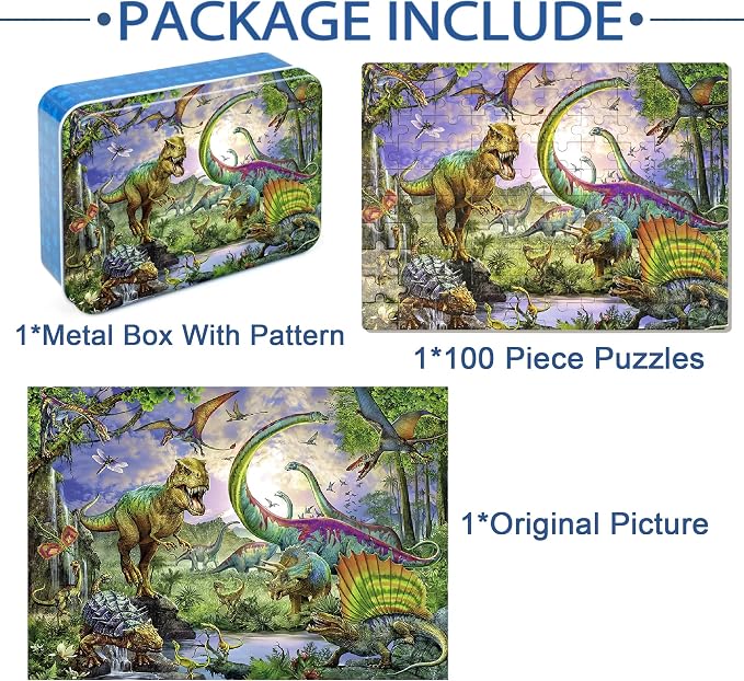 LELEMON Puzzles for Kids Ages 4-6,100 Piece Puzzles for Kids in Metal Box | Dinosaur Educational Kids Puzzles Jigsaw Puzzles,Children 100 Piece Puzzle Games Puzzle Toys for Girls and Boys