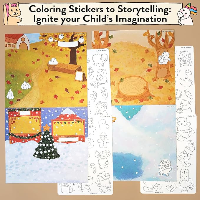 Seasonal Splendor 4-in-1 Four Seasons DIY Coloring Your Own Stickers Kit - Year-Round Arts and Crafts for Kids, Travel Activities, Storytelling Sticker Set, Boys Girls Ages 3-10+