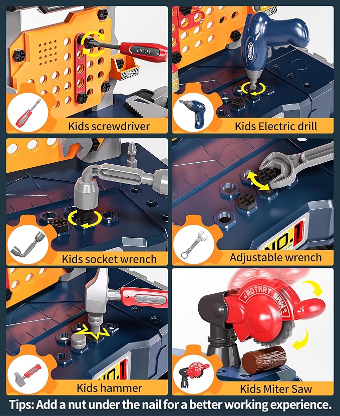 Deejoy Kids Tool Bench with Electric Drill and Engineer Vest | 3-in-1 Toddler Workbench and Costume Set, Construction Toys for Boys 3-5, Engineering Role Play Kit for Toddlers Age 3 4 5 6