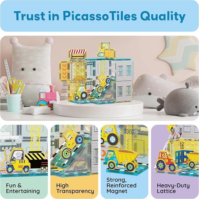 PicassoTiles Magnet Tiles Magnetic Building Blocks with 8 Construction Vehicles Crank Truck Excavator Bulldozer Road Roller Concrete Mixer Tractor Dump Truck Forklift Toys Learning Kids Ages 3+ PTQ11 | 8 trucks, crane, excavator, bulldozer, dump, road ...
