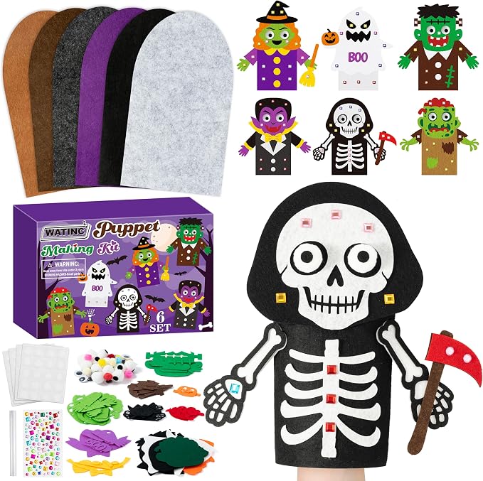 WATINC Hand Puppet Making Kit, Felt Sock Puppet Toys for Kids (Halloween) | 6 Styles, Make Your Own Storytelling & Role Play Crafts, Creative Group Activity, Party Favors & Gifts for Kids Ages 4-8
