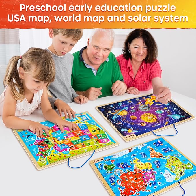 SYNARRY Large USA World Solar System Wooden Magnetic Puzzles for Kids Ages 4-6, Wood Puzzles Educational Games Toys Easter Gifts for Toddlers, United States World Space Map for Boys Girls Ages 3-5 4-8
