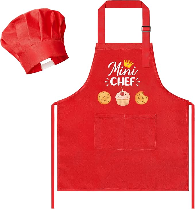 R HORSE 2 Pieces Kid Apron and Chef Hat Set, Dress up Pretend Play Toy | Red Mini Chef Adjustable Children Kitchen Apron with Pockets, Ideal for Cooking, Baking, Painting, Cooking Birthday Gift