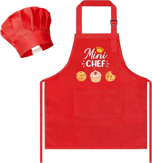 R HORSE 2 Pieces Kid Apron and Chef Hat Set, Dress up Pretend Play Toy | Red Mini Chef Adjustable Children Kitchen Apron with Pockets, Ideal for Cooking, Baking, Painting, Cooking Birthday Gift