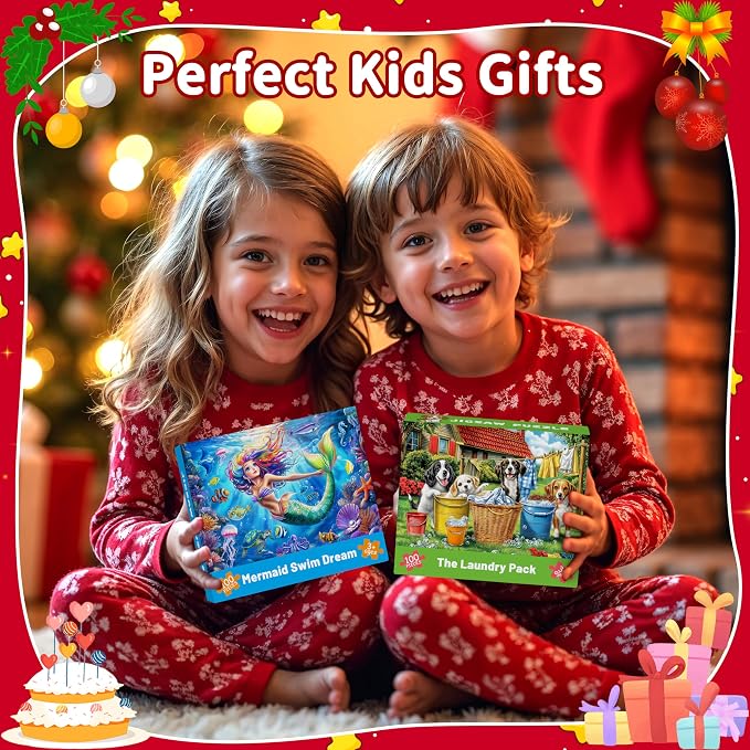 4 Packs 100 Piece Puzzles for Kids Ages 4-6 6-8 8-10, Mermaid Dogs Cats Hamburger Educational Jigsaw Puzzles, Birthday Kids Gifts for Boys Girls Teens Adults Kids Puzzles 4-6 5-8