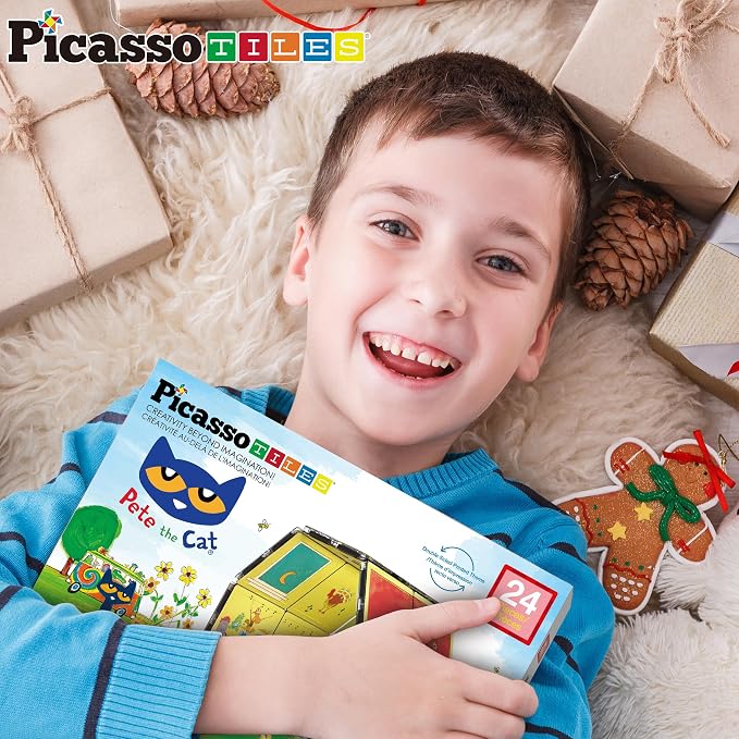 PicassoTiles Magnetic Tiles Pete the Cat Home Theme Building Blocks Double Sided Printing Toddler Magnet Toys Education STEM Learning Kit Construction Brain Development Preschool Kid Game Boy Girl 3+