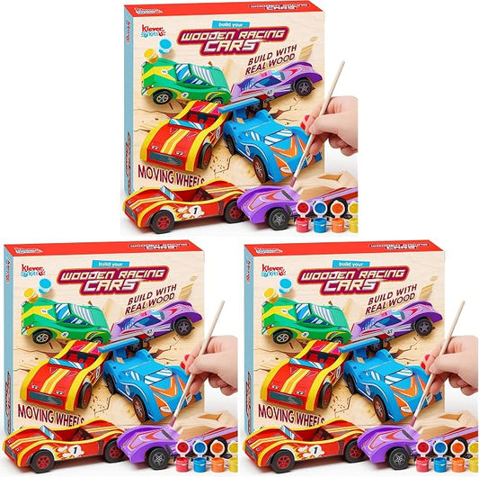 Klever Kits 4 DIY Wooden Race Cars-Build & Paint Your Own Wood Craft Kit, 4 Race Cars Toy, Easy to Assemble Arts Crafts Kit, Birthday Party Presents for Kids Boys and Girls (Pack of 3)