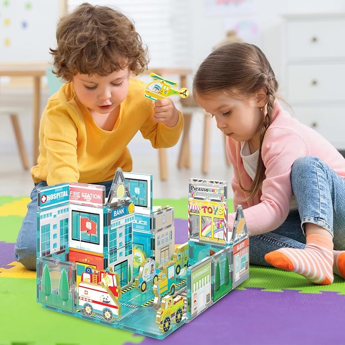 PicassoTiles Metro City Hospital Magnetic Tiles, STEM Building Set Ages 3+ | 8 vehicles and figures, illustrated road and rescue scenes, imaginative role play, screen-free learning for curious minds