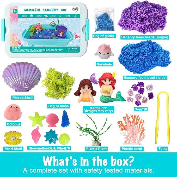 Carolart Mermaid Sensory Bin for Girls, Mermaid Toys, Ocean Sensory Kit | storage bin activity set with sensory foam beasds, ocean sensory gifts for toddlers ages 3-8