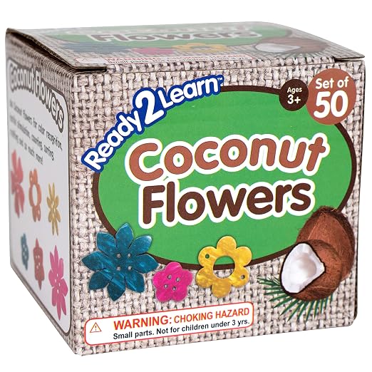 READY 2 LEARN Coconut Flowers, Set of 50, 6 Shapes, 5 Colors | Hand-Made, Natural Counters for Kids, Perfect for Crafts and Jewelry Making